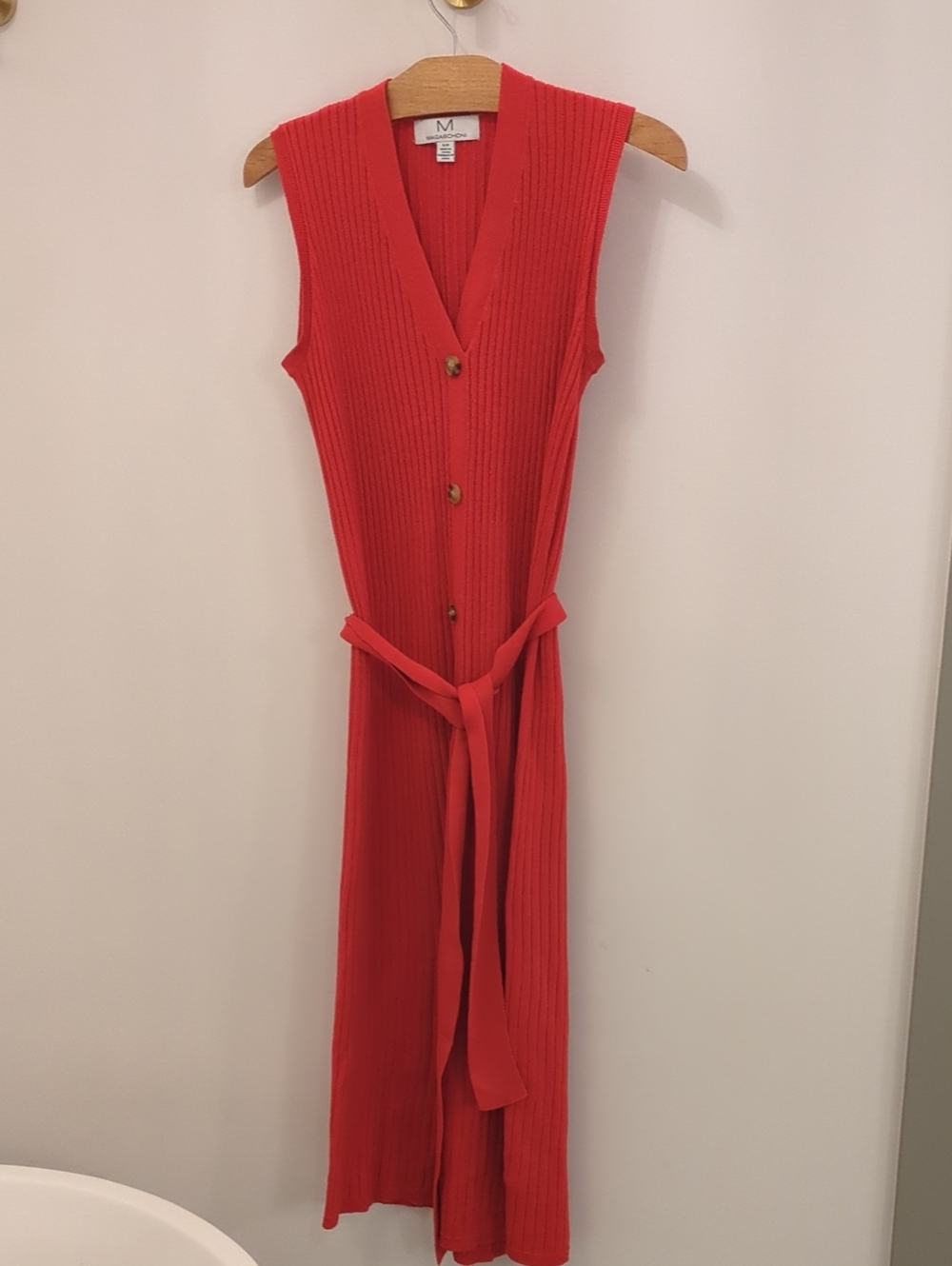 Magaschoni Sleeveless Red Ribbed Button-Down Midi Dress with Self Tie
